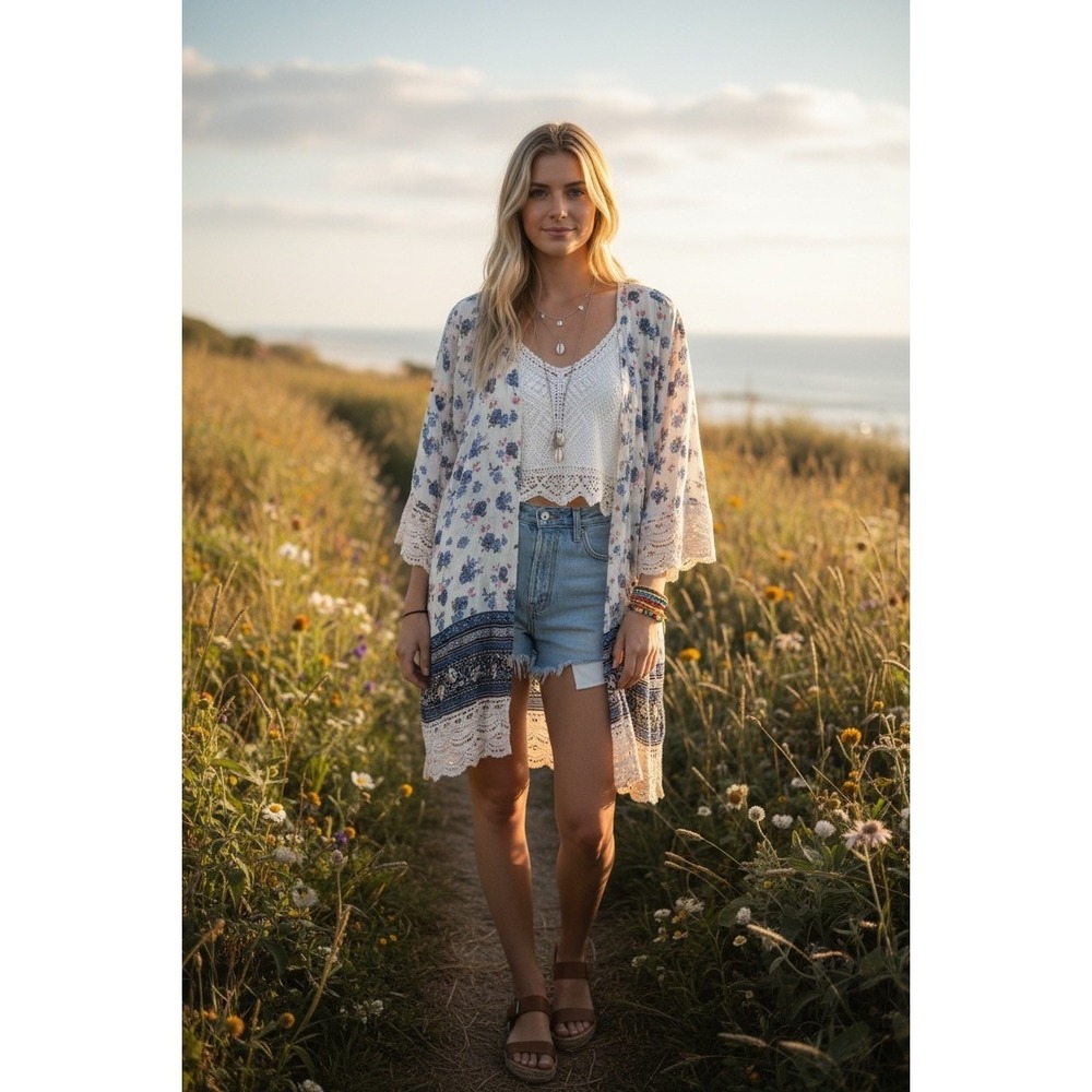 Boho Floral Crochet Lace Kimono Womens XL Cottagecore Festival Cardigan